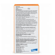 Reverso de la caja Credelio 225 mg con composición de lotilaner, dosis, precauciones e información de Elanco
