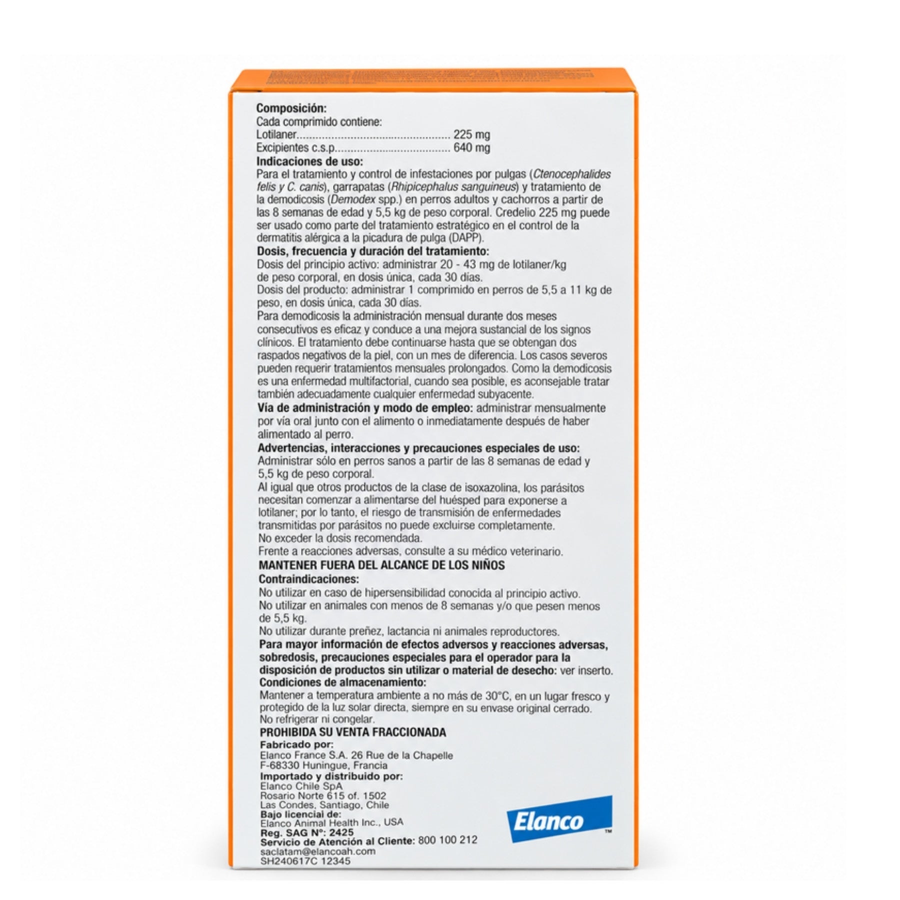 Reverso de la caja Credelio 225 mg con composición de lotilaner, dosis, precauciones e información de Elanco