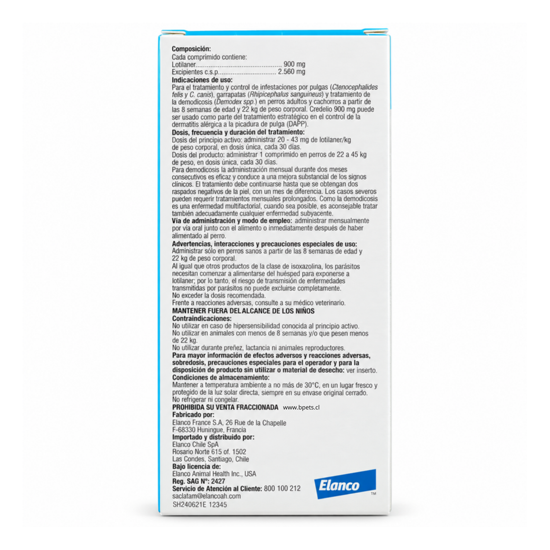 Reverso de la caja Credelio 900 mg de 3 comprimidos con composición, dosis, precauciones y Reg. SAG N° 2427