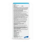 Reverso de la caja Credelio 900 mg con composición de lotilaner, dosis, precauciones e información de Elanco