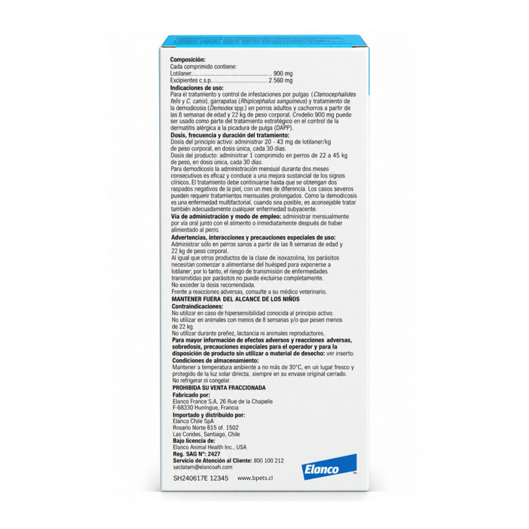 Reverso de la caja Credelio 900 mg con composición de lotilaner, dosis, precauciones e información de Elanco