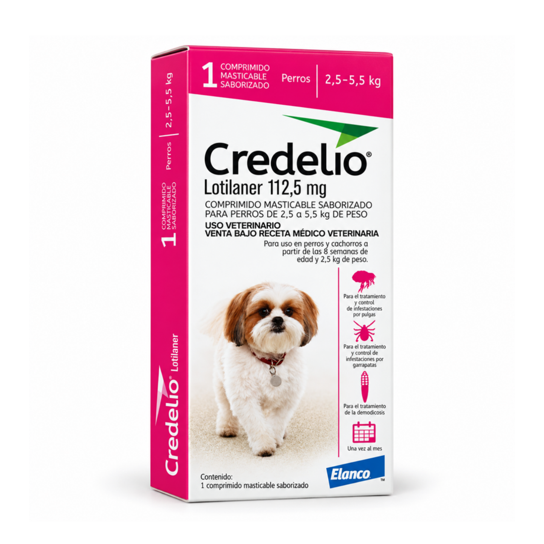 Credelio 112,5 mg para perros de 2,5 a 5,5 kg en caja de 1 comprimido masticable saborizado, vista en ángulo