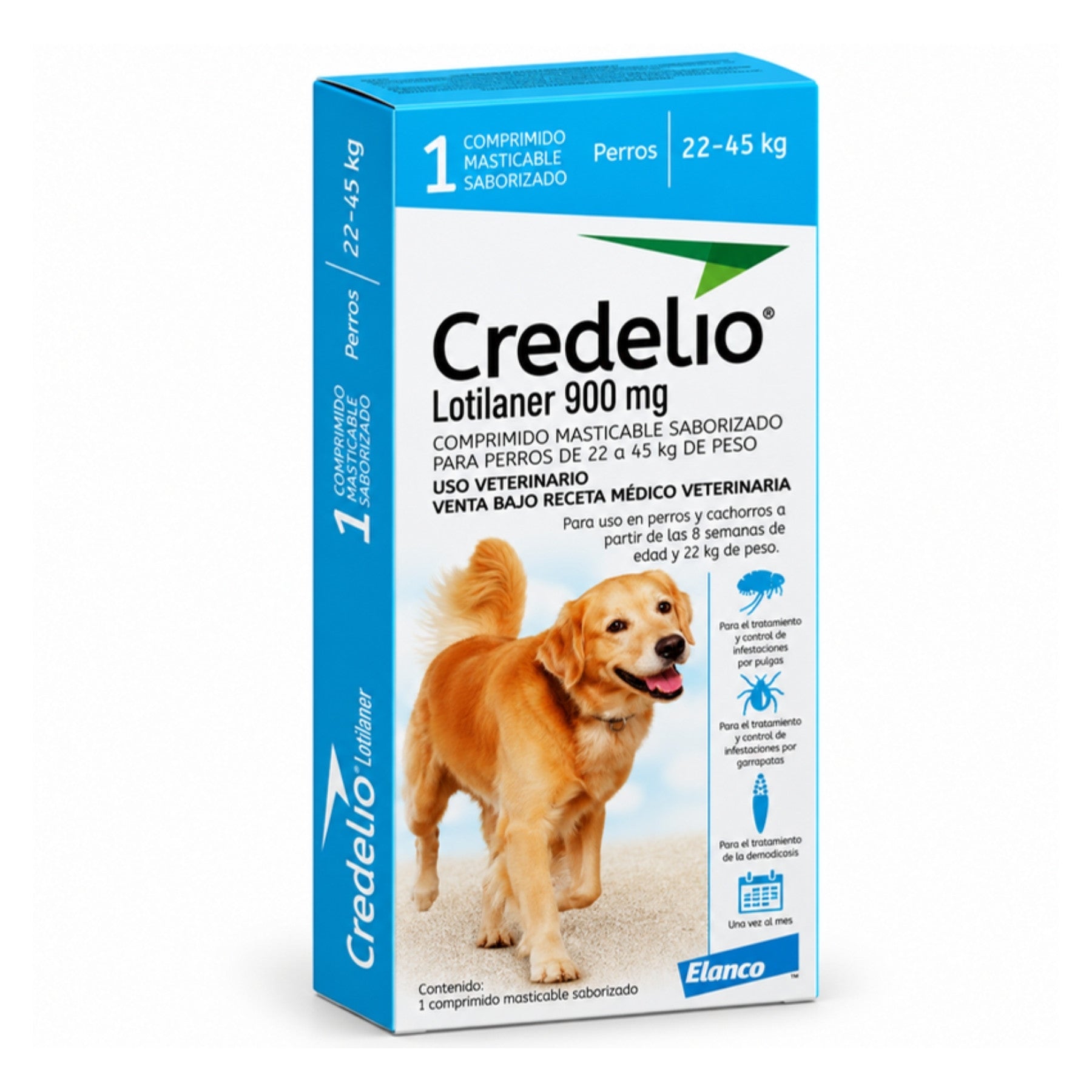 Credelio 900 mg para perros de 22 a 45 kg en caja de 1 comprimido masticable saborizado, vista en ángulo