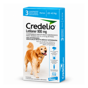 Credelio 900 mg para perros de 22 a 45 kg en caja de 3 comprimidos masticables saborizados, vista en ángulo