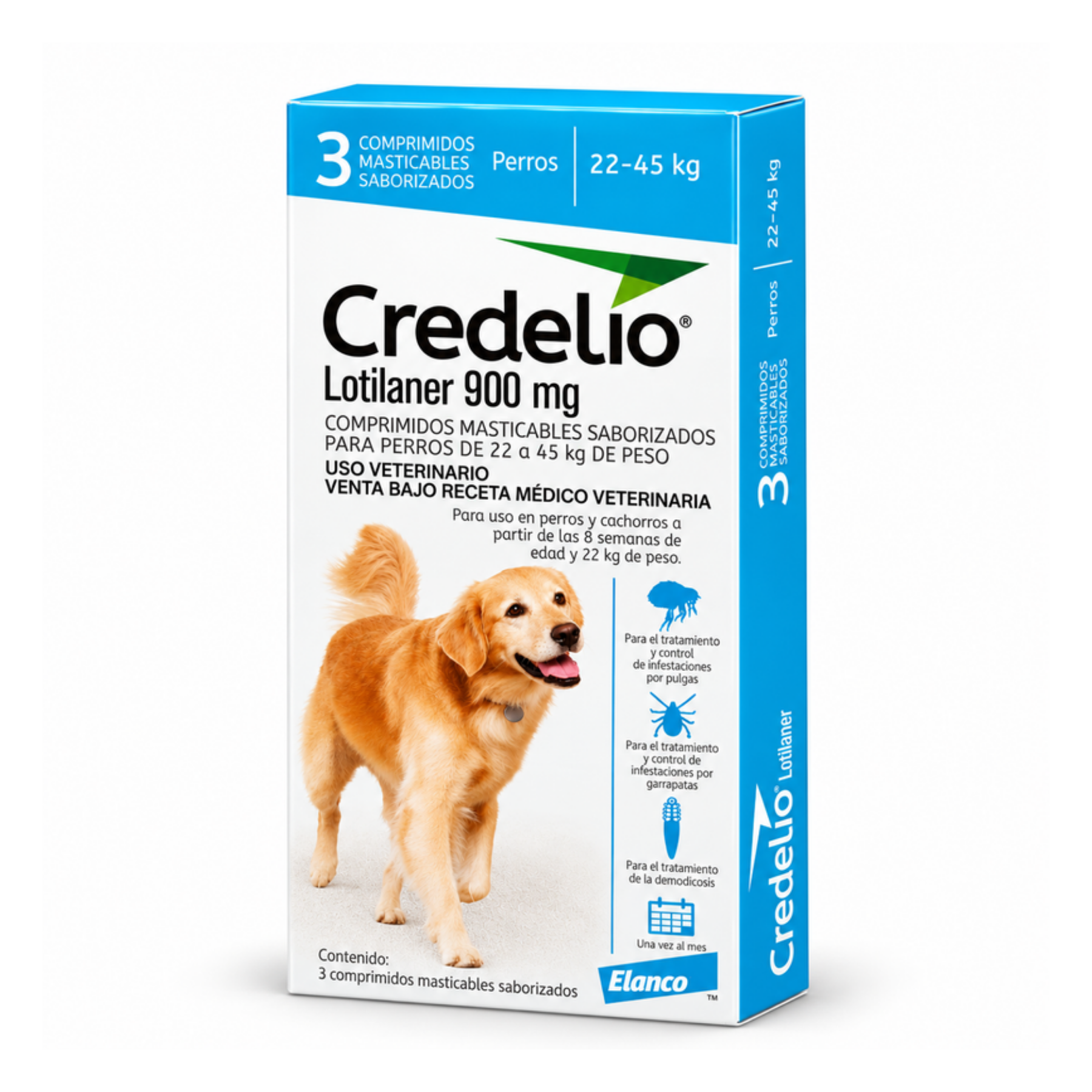 Credelio 900 mg para perros de 22 a 45 kg en caja de 3 comprimidos masticables saborizados, vista en ángulo