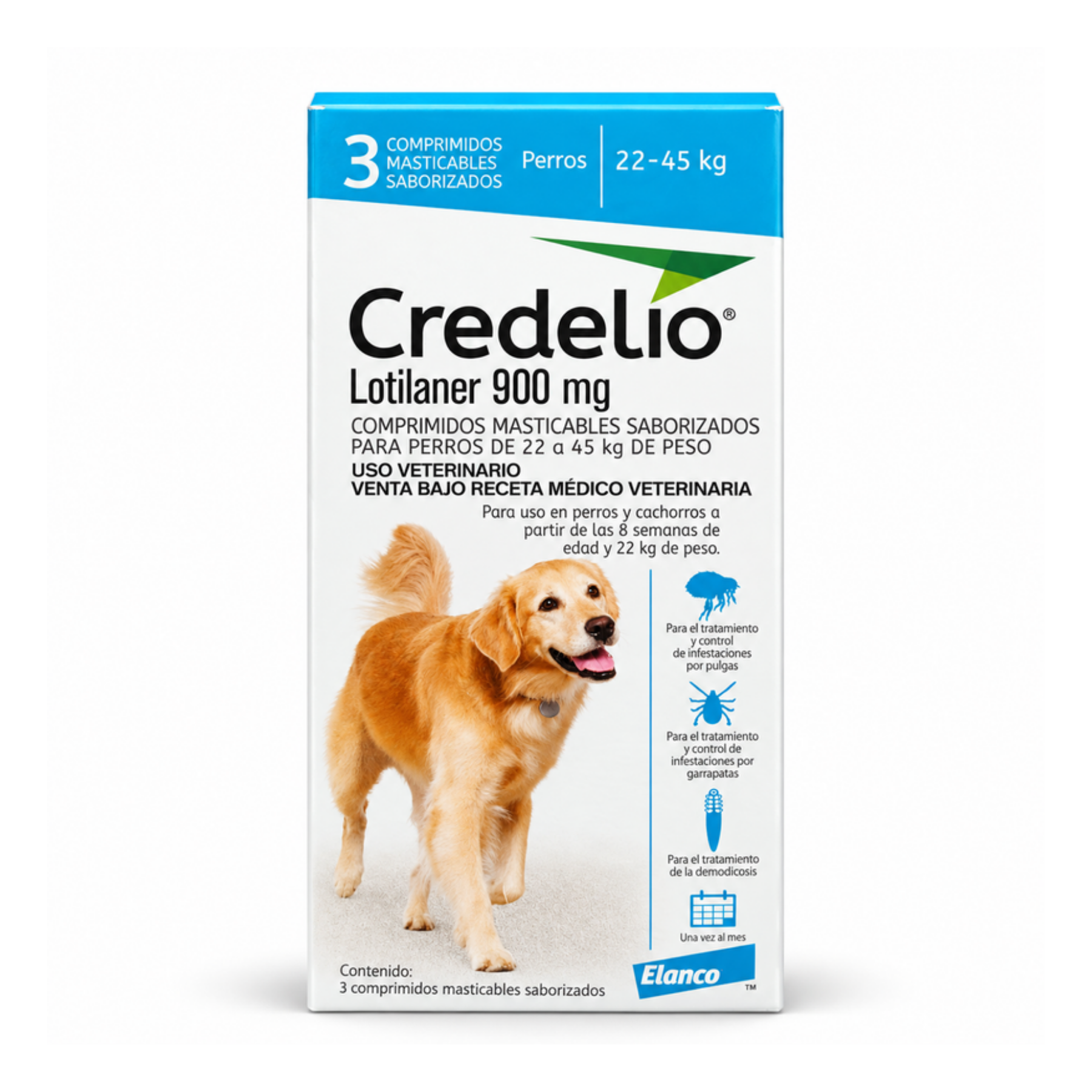 Caja de Credelio lotilaner 900 mg para perros de 22 a 45 kg, 3 comprimidos masticables de Elanco, vista frontal