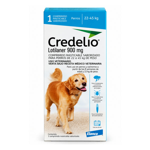 Caja de Credelio lotilaner 900 mg para perros de 22 a 45 kg, 1 comprimido masticable de Elanco, vista frontal