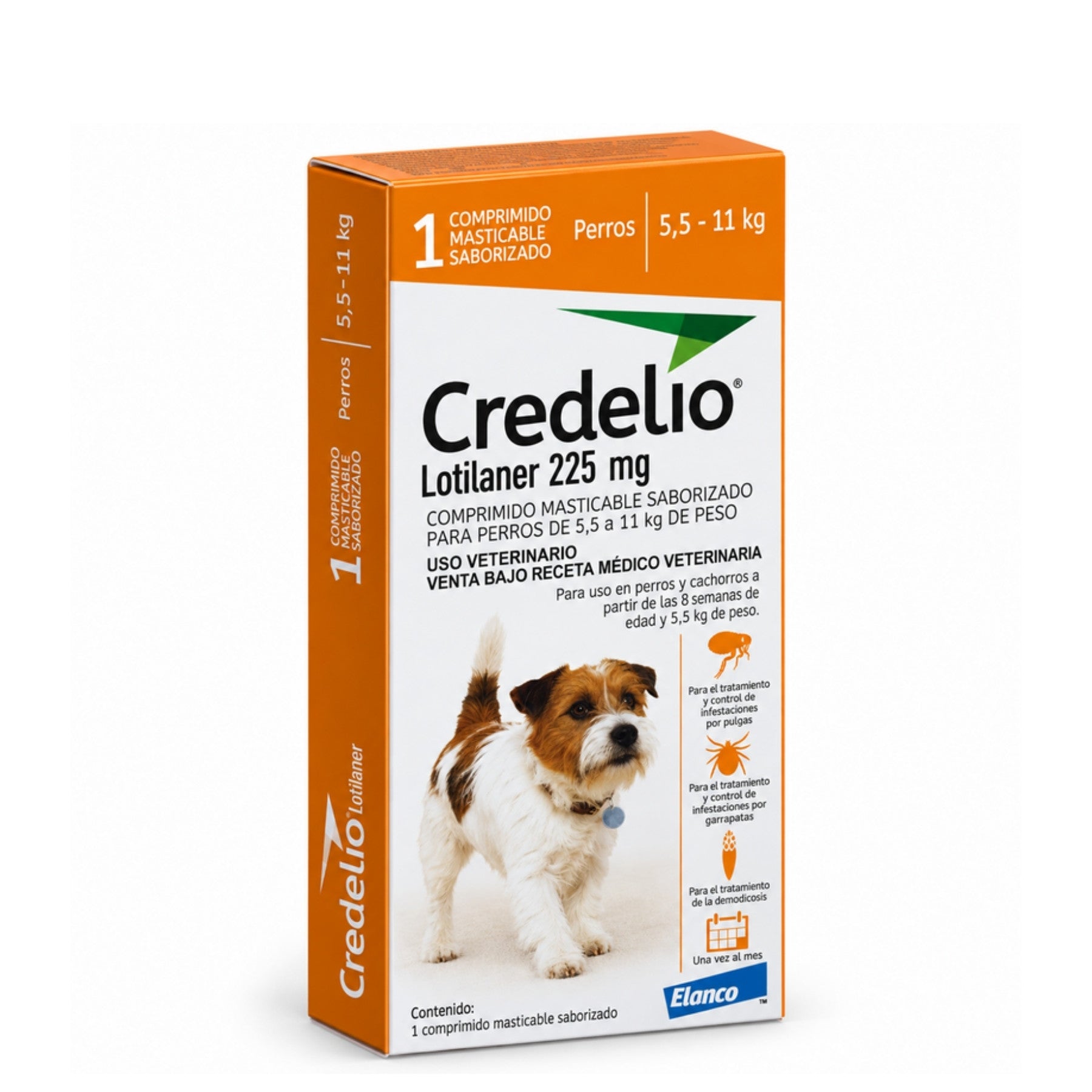 Credelio 225 mg para perros de 5,5 a 11 kg en caja de 1 comprimido masticable saborizado, vista en ángulo