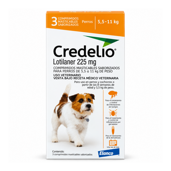 Caja de Credelio lotilaner 225 mg para perros de 5,5 a 11 kg, 3 comprimidos masticables de Elanco, vista frontal