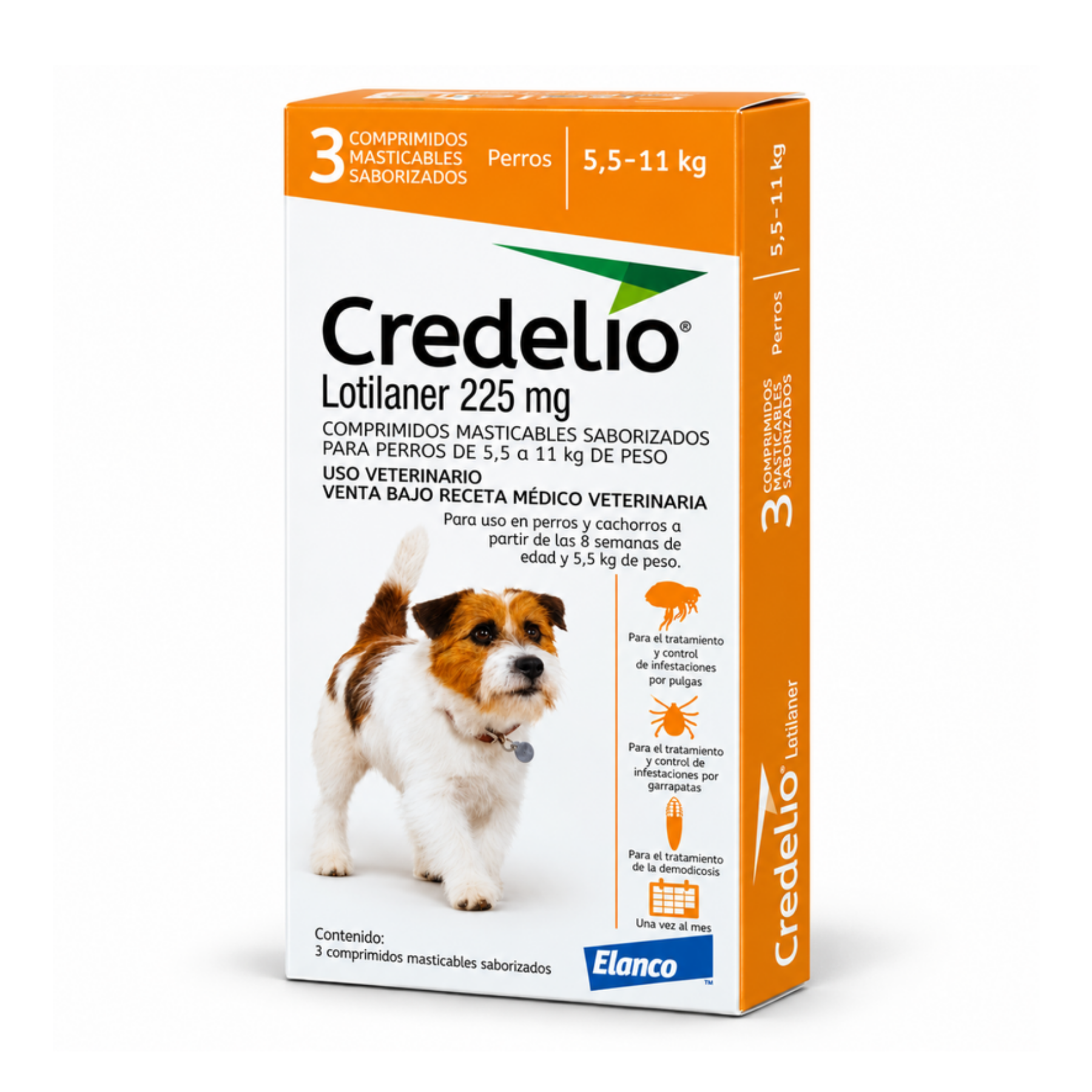 Credelio 225 mg para perros de 5,5 a 11 kg en caja de 3 comprimidos masticables saborizados, vista en ángulo