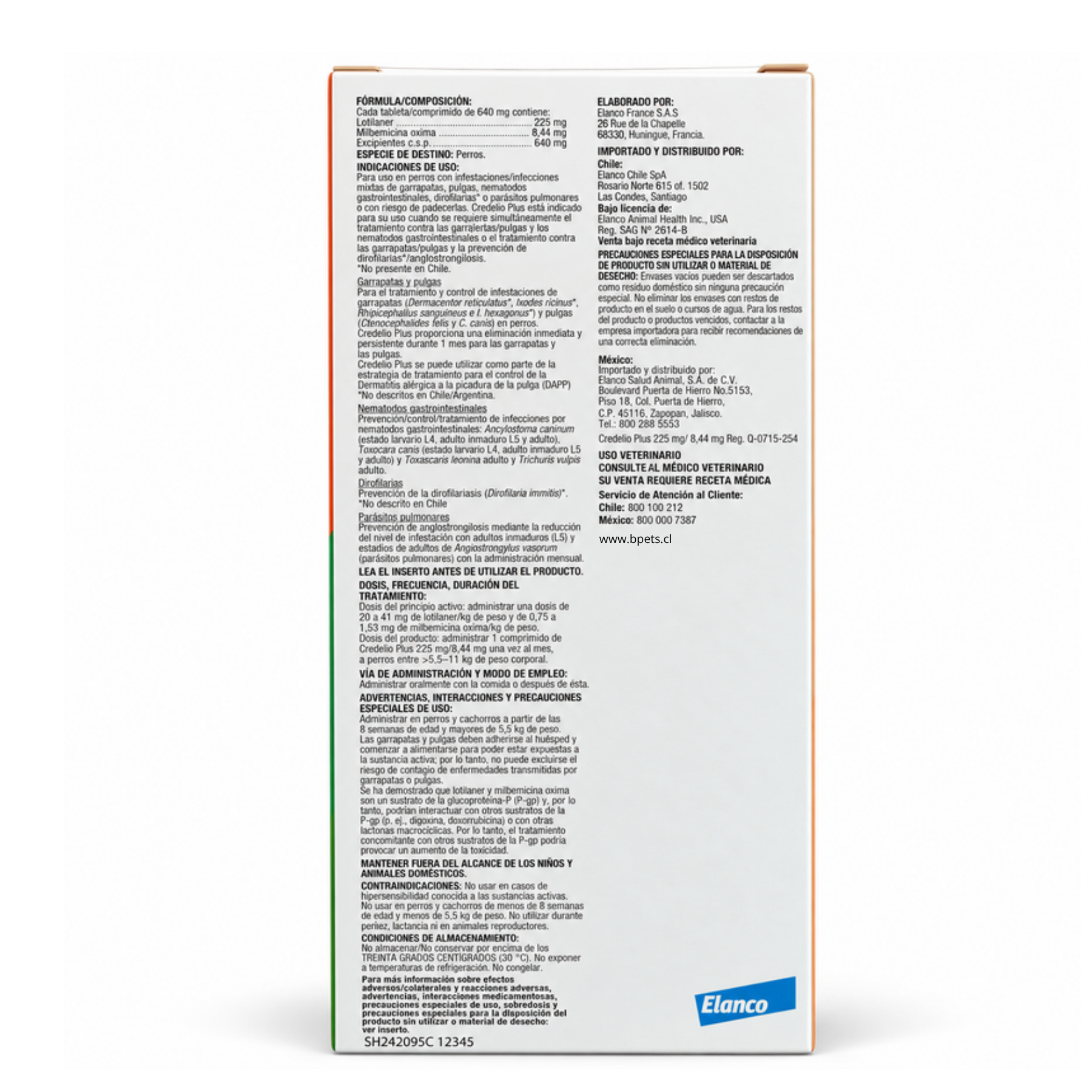 Reverso de la caja Credelio Plus 225 mg/8,44 mg con composición, indicaciones, dosis y precauciones de uso