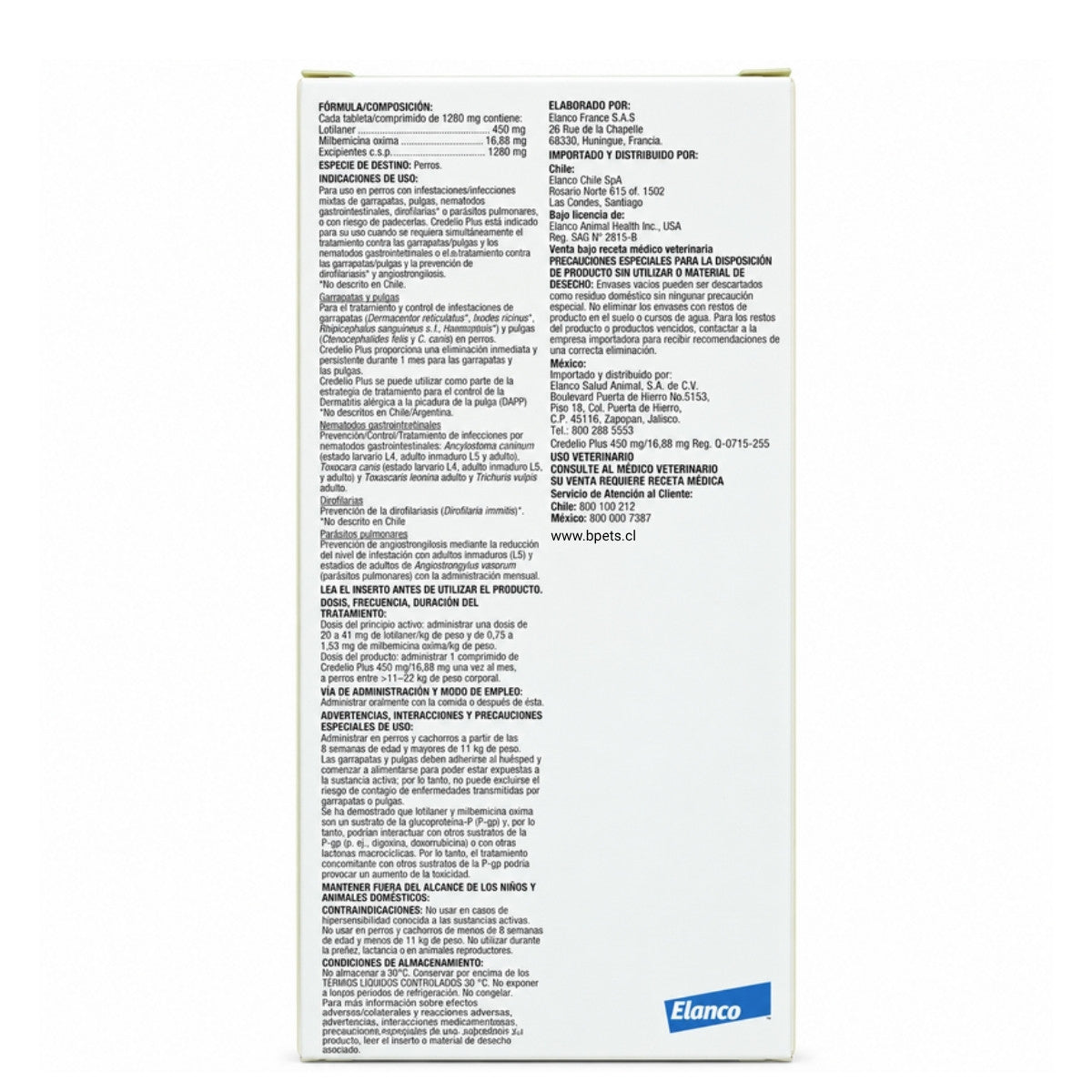 Reverso de la caja de Credelio Plus 450 mg/16,88 mg con composición, indicaciones, dosis y Reg. SAG N° 2615-B