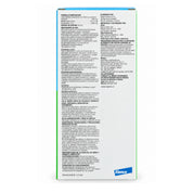Reverso de la caja Credelio Plus 900 mg/33,75 mg con composición, indicaciones, dosis y precauciones de Elanco
