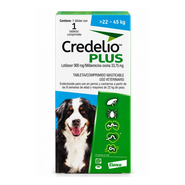 Caja de Credelio Plus lotilaner 900 mg y milbemicina oxima 33,75 mg para perros de 22 a 45 kg, vista frontal