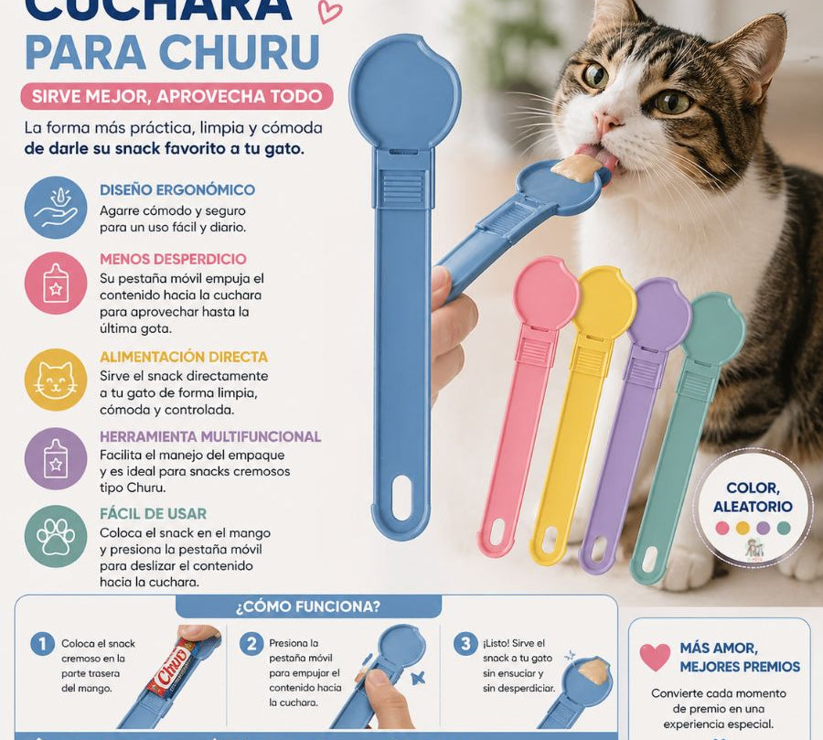 Cuchara para Churu facilita servir snacks cremosos para gato, reduce desperdicio y ofrece una alimentación práctica y cómoda.