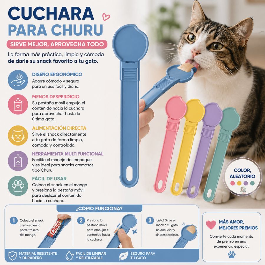 Cuchara para Churu facilita servir snacks cremosos para gato, reduce desperdicio y ofrece una alimentación práctica y cómoda.