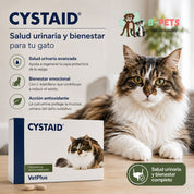 Infografía de beneficios de Cystaid: salud urinaria, bienestar emocional y acción antioxidante en gatos