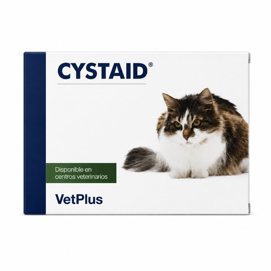 Cystaid de VetPlus, envase de 30 cápsulas para la salud urinaria del gato, sobre fondo blanco