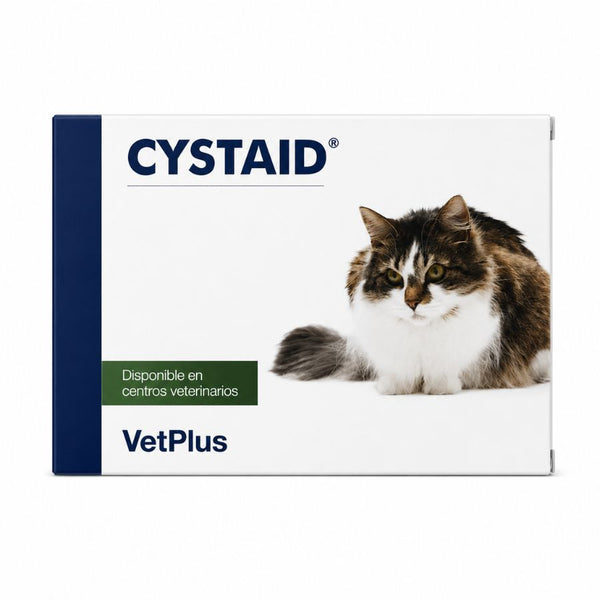 Cystaid de VetPlus, envase de 30 cápsulas para la salud urinaria del gato, sobre fondo blanco