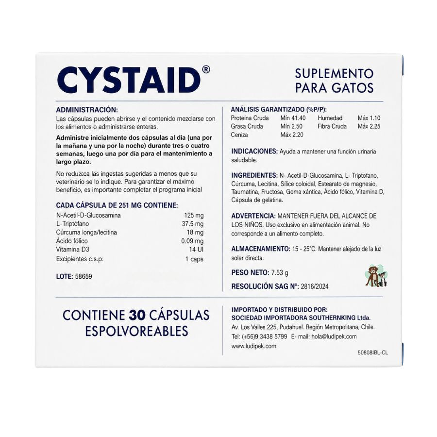 Reverso de Cystaid con composición por cápsula, análisis garantizado y registro SAG N° 2816/2024