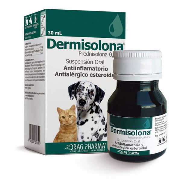 Dermisolona Jarabe 30ml, antiinflamatorio y antialérgico de acción rápida para perros y gatos. Ideal para tratamientos inmunosupresores y crónicos. B-Pets