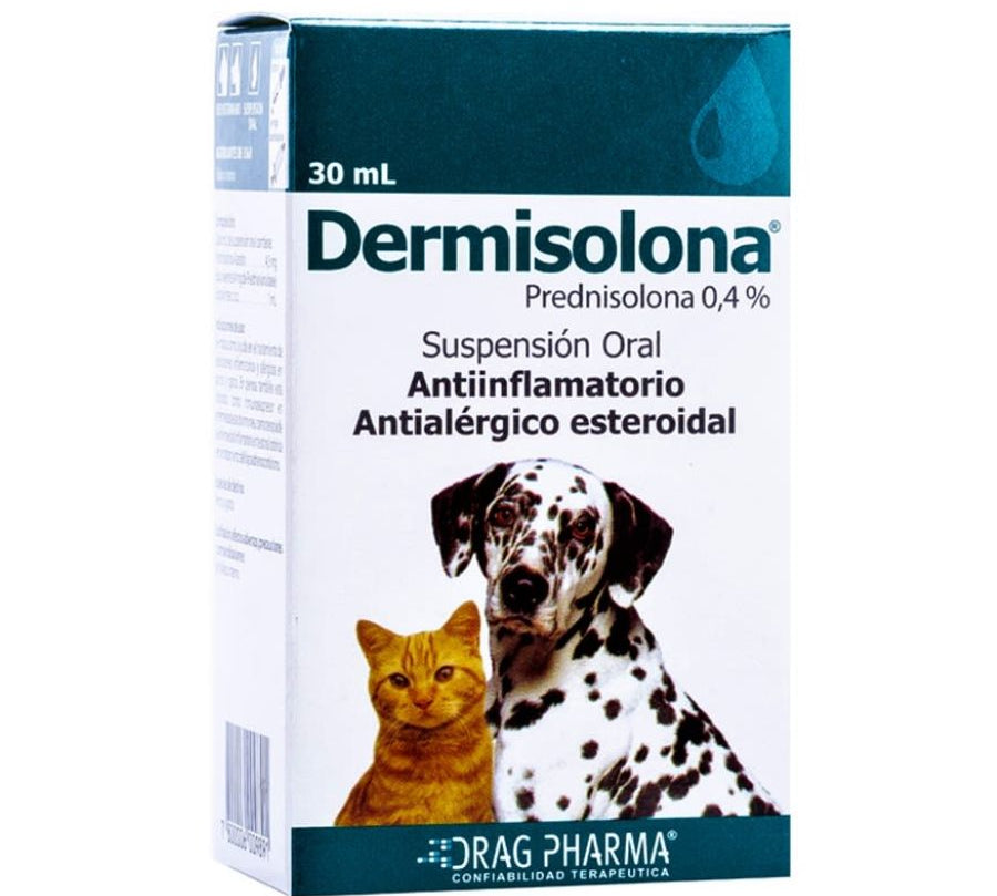 Dermisolona Jarabe 30ml, antiinflamatorio y antialérgico de acción rápida para perros y gatos. Ideal para tratamientos inmunosupresores y crónicos. B-Pets