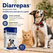 Infografía de Diarrepas con perro y gato: acción combinada de sulfonamidas y adsorbentes, con dosificador de 100 mL