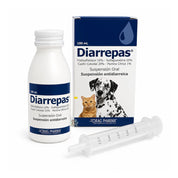 Frasco y caja de Diarrepas 100 mL junto al dosificador, suspensión oral antidiarreica para perros y gatos