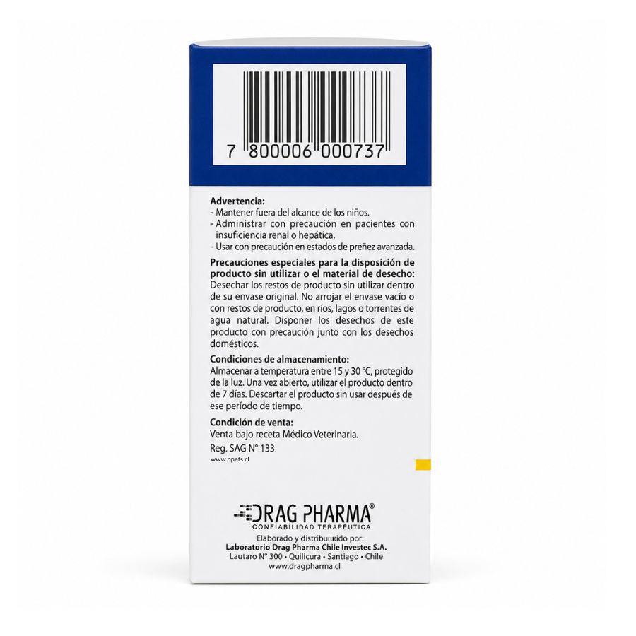 Reverso de Diarrepas con advertencias, conservación, venta bajo receta médico veterinaria y Reg. SAG N° 133