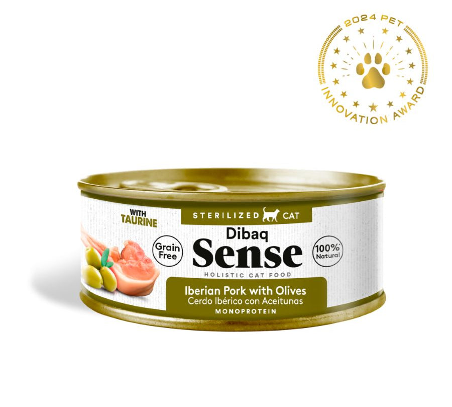 Dibaq Sense Alimento Húmedo Gato Esterilizado Cerdo Ibérico y Aceituna sin cereales y con textura fillets, ideal para gatos exigentes y esterilizados.