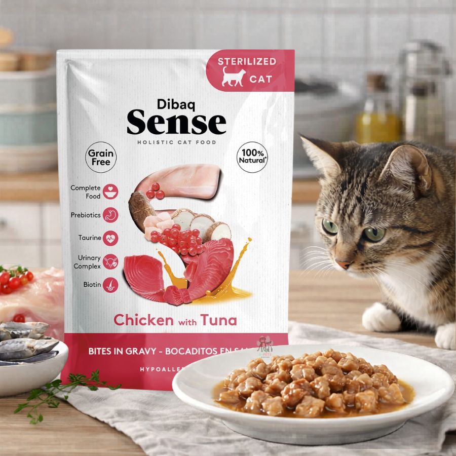 Dibaq Sense Bocaditos en Salsa Pollo con Atún alimento húmedo natural, sin cereales, rico en proteínas y con beneficios digestivos y urinarios.
