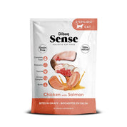 Dibaq Sense Bocaditos en Salsa Pollo con Salmón alimento húmedo natural, sin cereales, rico en proteínas y con beneficios digestivos y urinarios.