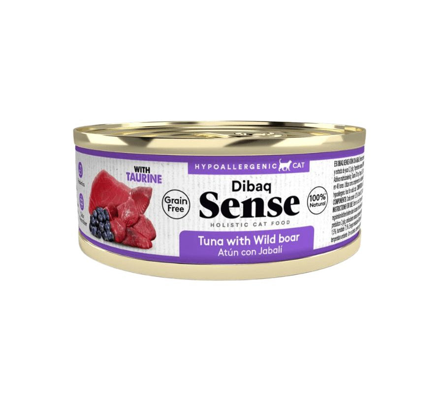 Alimento Húmedo Gato Adulto Dibaq Sense Atún & Jabalí: Alimento hipoalergénico y natural para gatos adultos. Con prebióticos, extracto de yuca y taurina para una salud óptima. ¡Cuida a tu gato con lo mejor!