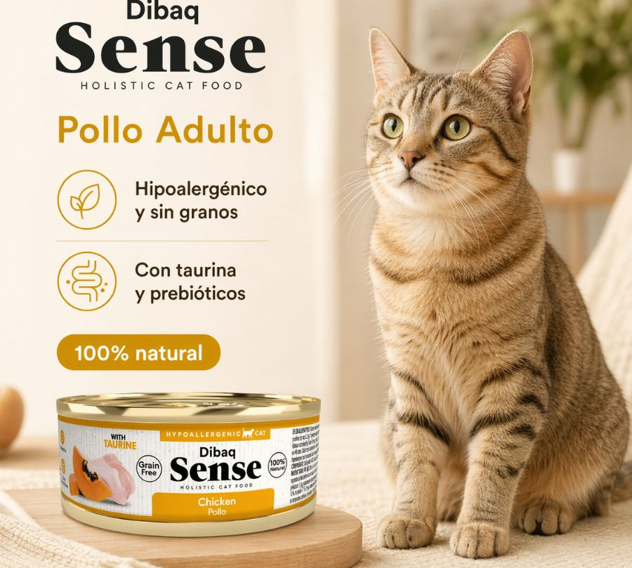 Alimento Húmedo Gato Adulto Dibaq Sense Pollo : Alimento hipoalergénico y natural para gatos adultos. Con prebióticos, extracto de yuca y taurina para una salud óptima. ¡Cuida a tu gato con lo mejor!