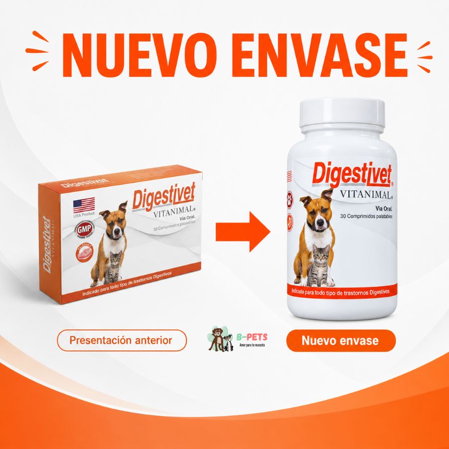 Nuevo envase de Digestivet Vitanimal: frasco de 30 comprimidos que reemplaza a la caja anterior