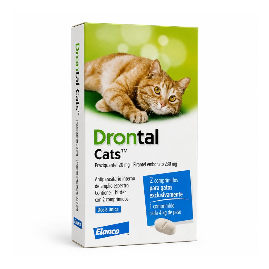 Drontal Cats en ángulo, con el lateral que declara praziquantel 20 mg y pirantel embonato 230 mg