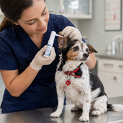 Veterinario aplicando gotas óticas en el oído de un perro pequeño sobre la mesa de una clínica veterinaria