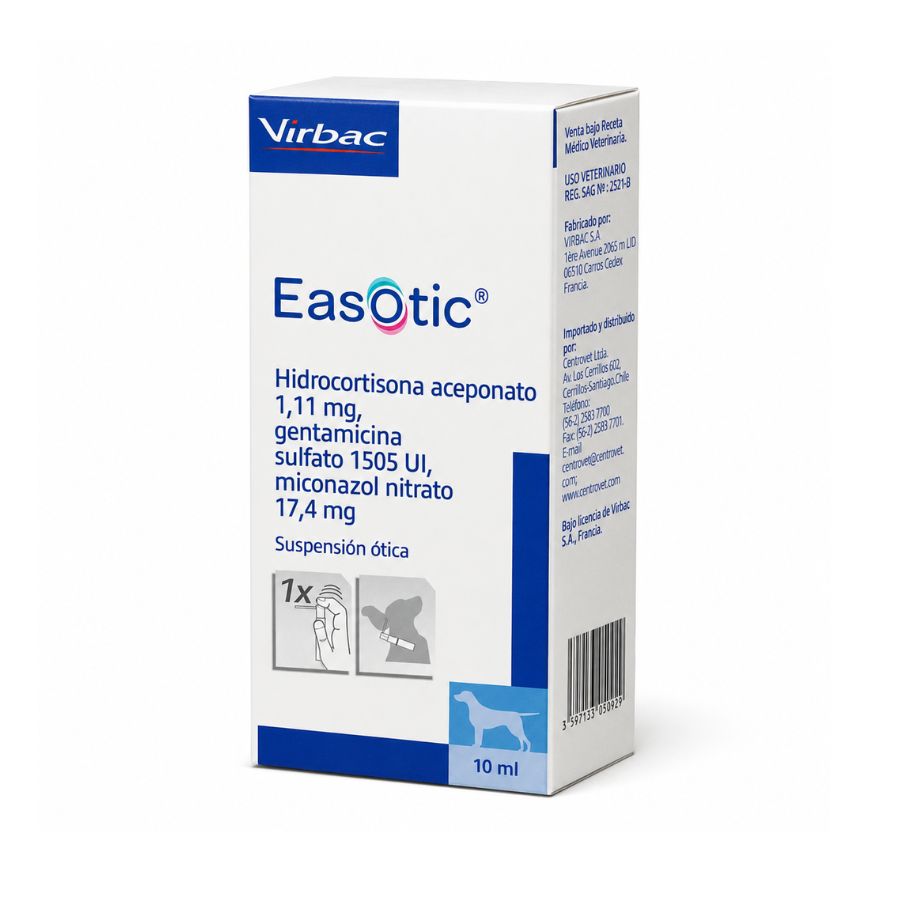 Caja de Easotic Virbac 10 ml en vista tres cuartos, con el frente del envase y el lateral del registro SAG