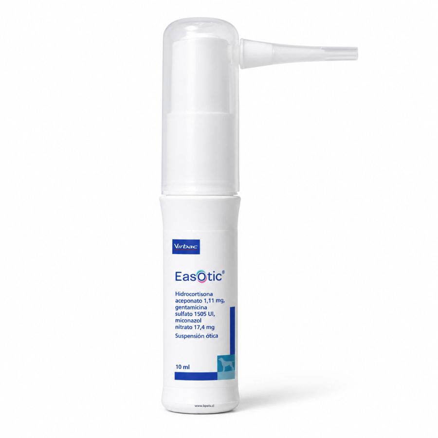 Frasco de Easotic Virbac 10 ml con bomba dosificadora y cánula atraumática, suspensión ótica para perros