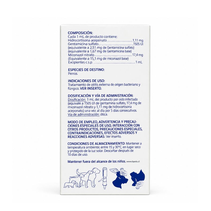 Reverso de la caja de Easotic con la composición por mL, especies de destino, dosificación y almacenamiento