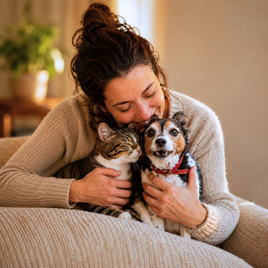 Mujer abrazando a su perro y gato en el sillón de casa tras darle sus medicamentos a sus mascotas