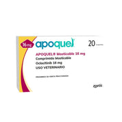 Apoquel Masticable 16mg 20 comprimidos, medicamento oral para perros con prurito, dermatitis alérgica y atópica bajo indicación veterinaria.