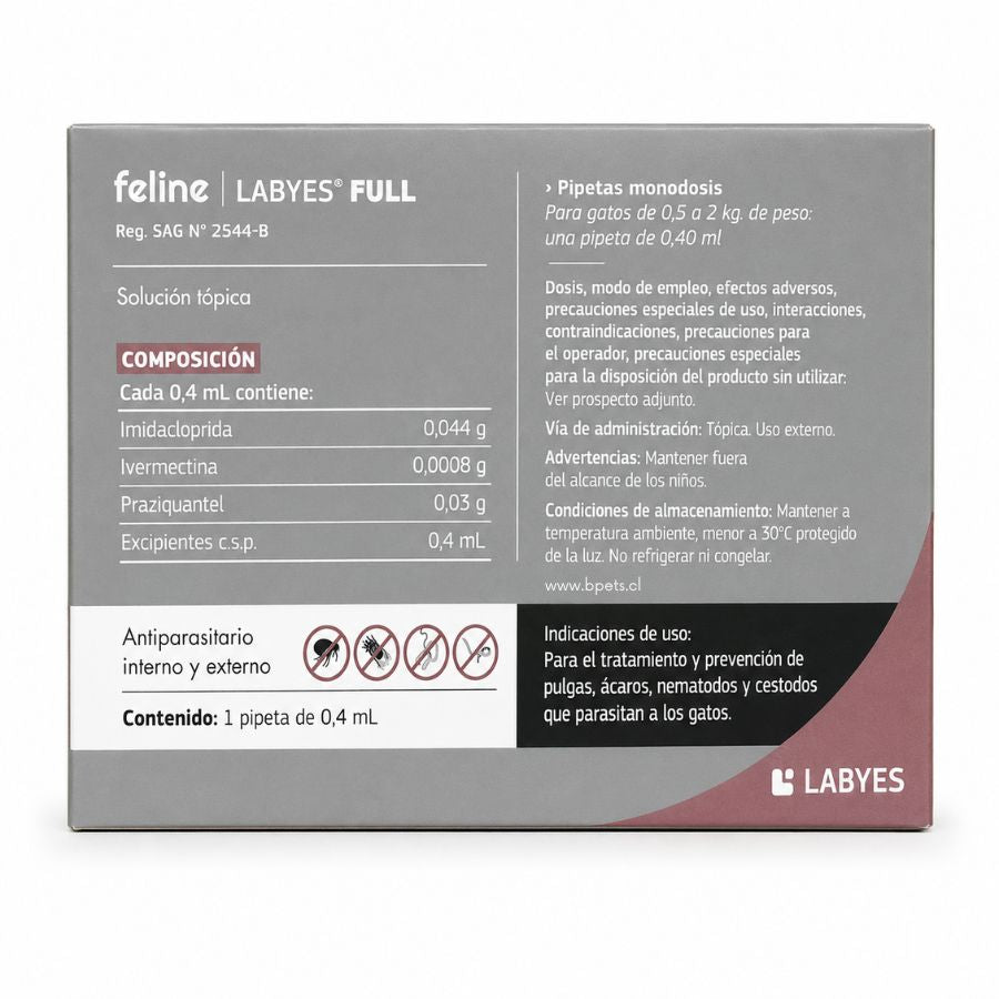 Reverso de Feline Labyes Full para gatos con composición, indicaciones y registro SAG 2544-B