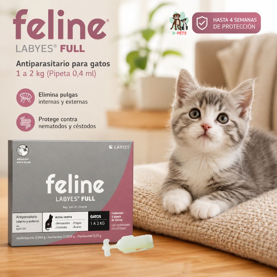 Gatito junto a la caja de Feline Labyes Full 0,4 ml, antiparasitario spot-on de triple acción para gatos
