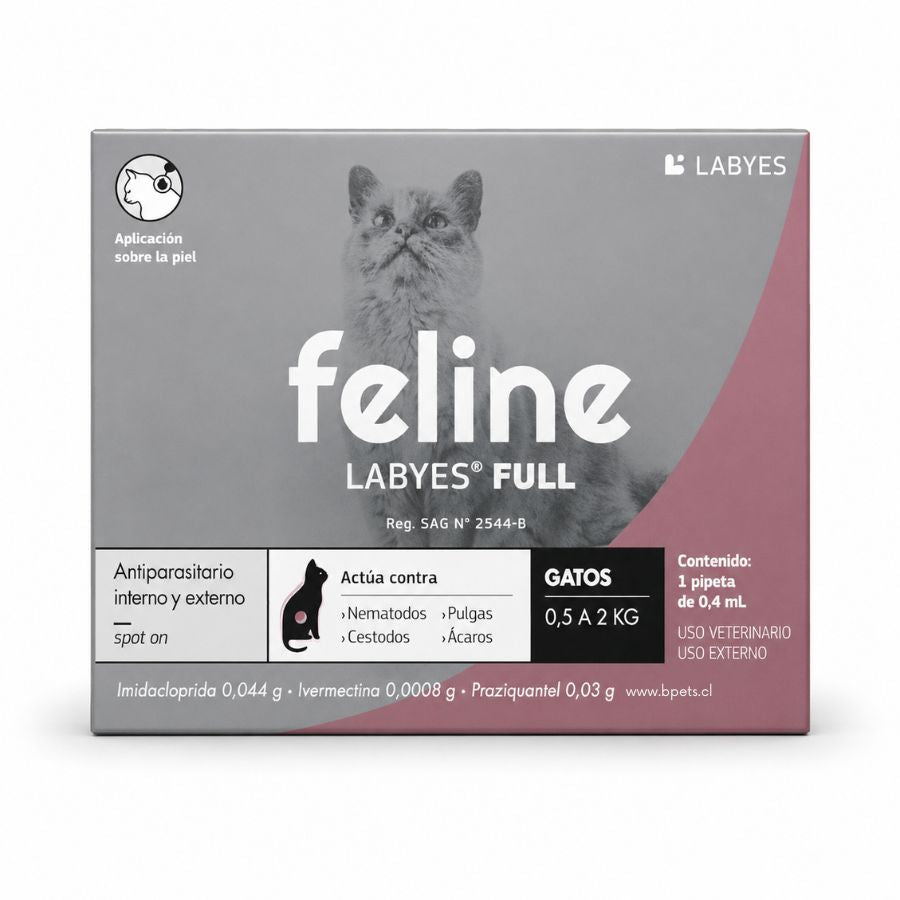 Caja de Feline Labyes Full antiparasitario para gatos de 0,5 a 2 kg, pipeta spot-on de 0,4 ml, vista frontal