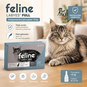 Gato junto a la caja de Feline Labyes Full 1,2 ml, antiparasitario spot-on de triple acción para gatos