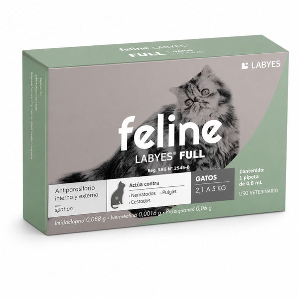Caja de Feline Labyes Full antiparasitario para gatos de 2,1 a 5 kg, pipeta spot-on de 0,8 ml, vista frontal