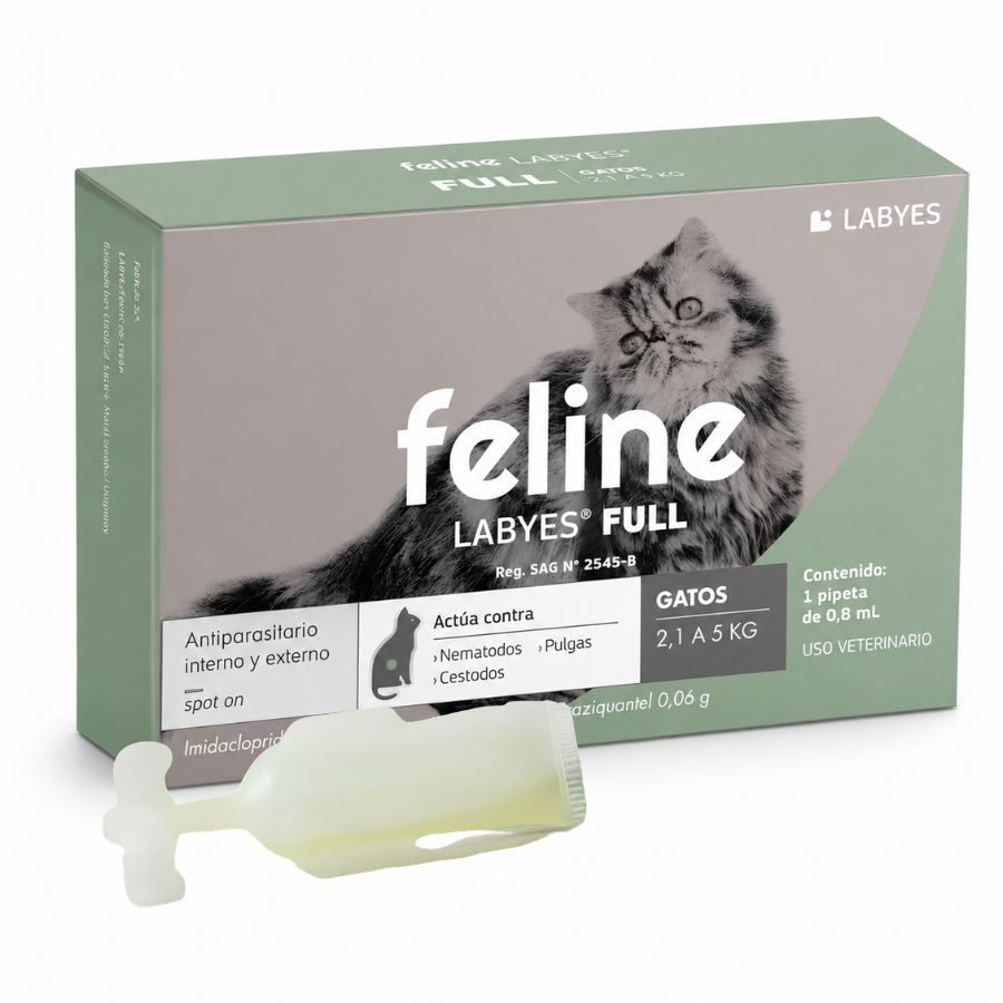 Caja y pipeta de Feline Labyes Full para gatos de 2,1 a 5 kg, antiparasitario spot-on de 0,8 ml, registro SAG 2545-B