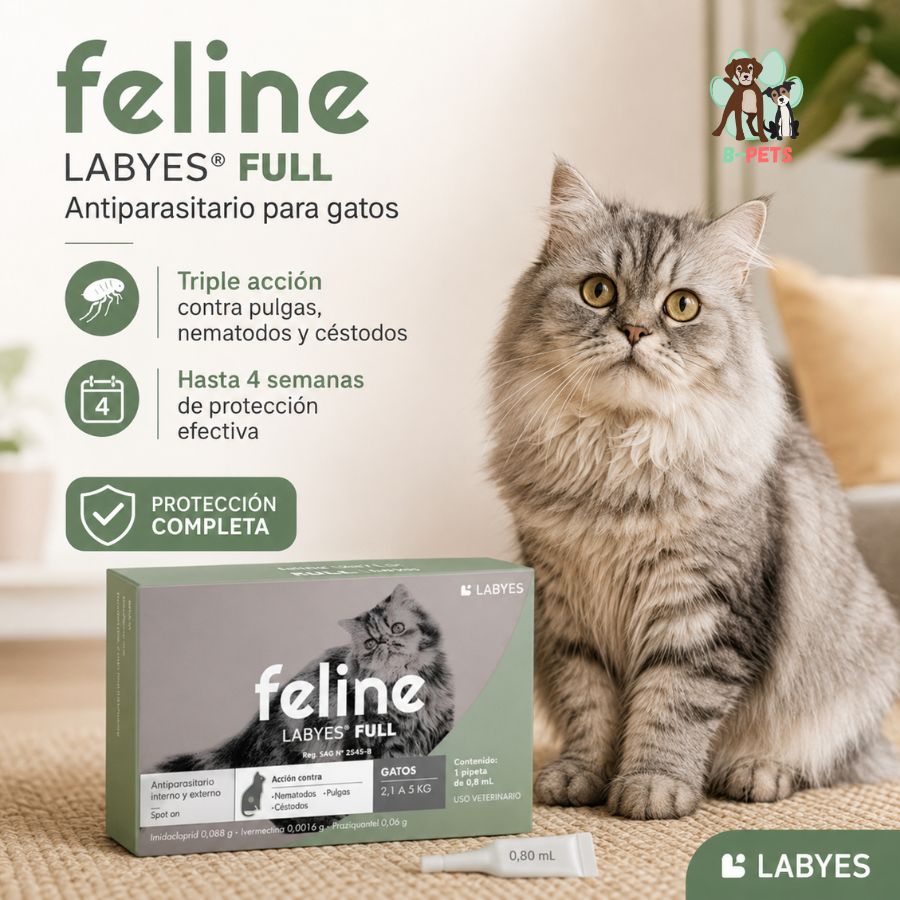 Gato junto a la caja de Feline Labyes Full, antiparasitario spot-on de triple acción para gatos