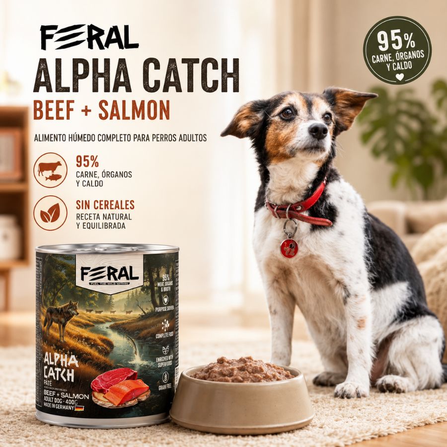 Feral Alpha Catch 400 g junto a un perro y su plato: 95 % de carne, órganos y caldo, sin cereales y hecho en Alemania